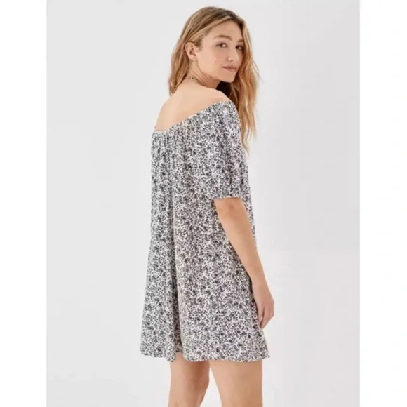American Eagle Womens Ditsy Floral Mini Dress XS Black Ivory Short Puff Sleeve - Picture 2 of 10